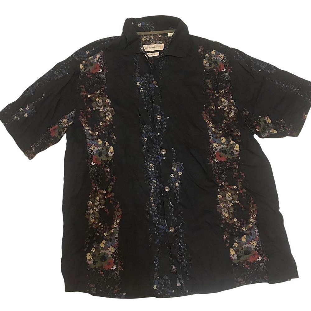 Tommy Bahama Shirt Men L Black Excellence Silk Floral Original Fit 17.5x27